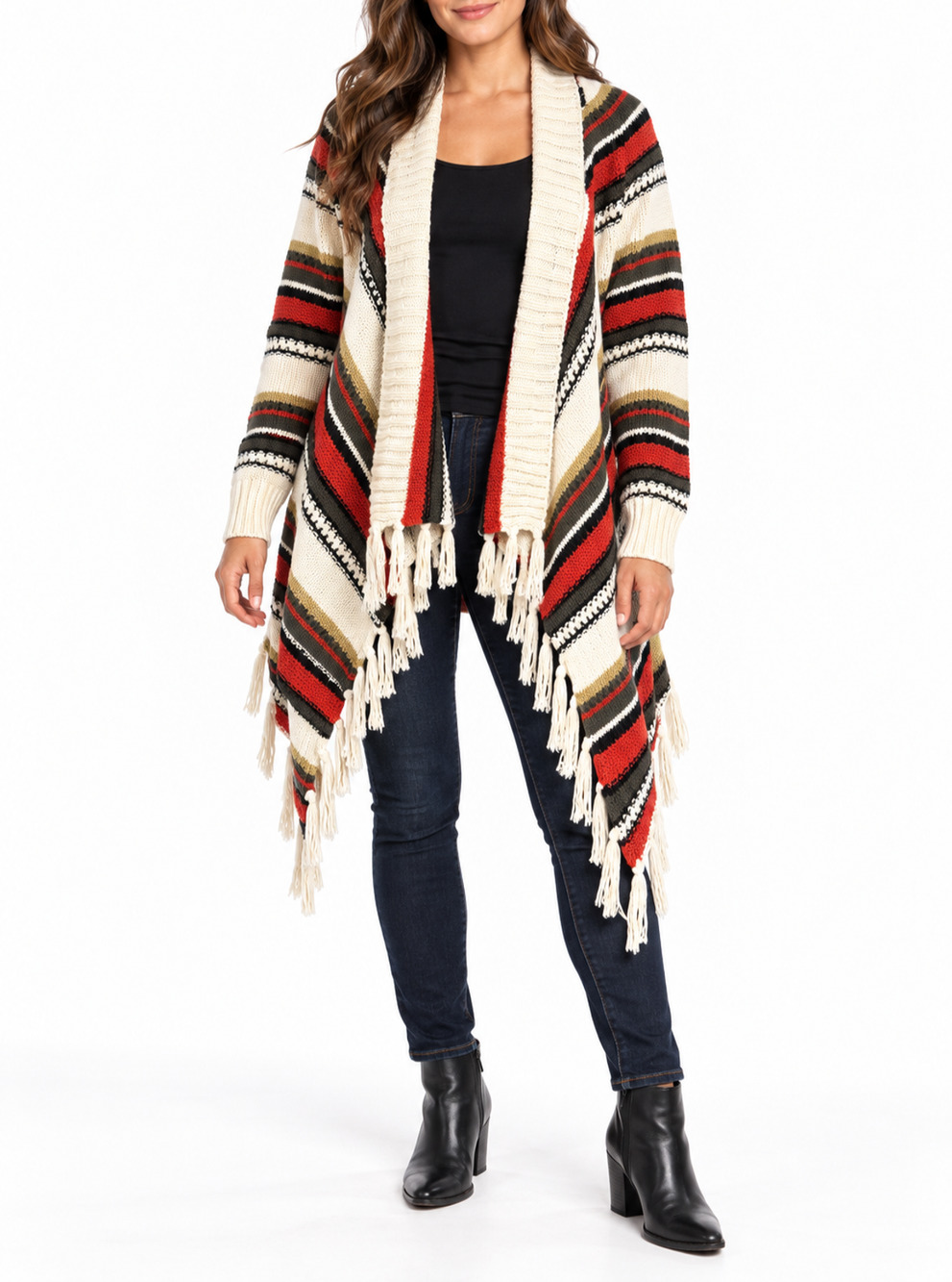Stem Vine Womens M Striped Fringe Cardigan Boho Open Front Knit Sweater